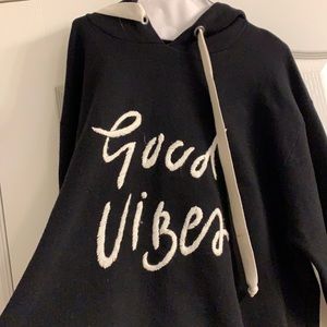 Black hoodie cream writing and ties Good Vibes